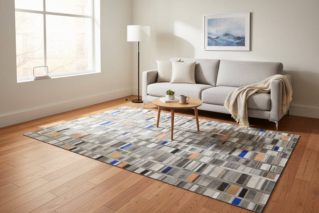 Terrie Handmade Gray Leather Checkboard Checkered Rug | Modern Geometric Patchwork Cowhide Rug