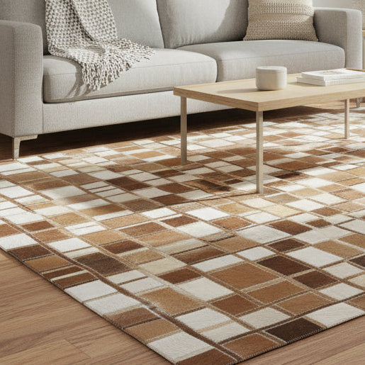 Terrie Mosaic Brown Ivory Leather Striped Rug | Modern Geometric Patchwork Cowhide Rug 9062090375317