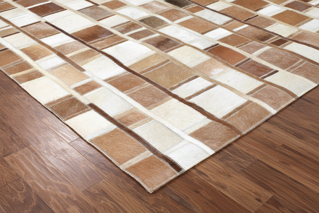 Terrie Mosaic Brown Ivory Leather Striped Rug | Modern Geometric Patchwork Cowhide Rug 9062090375317