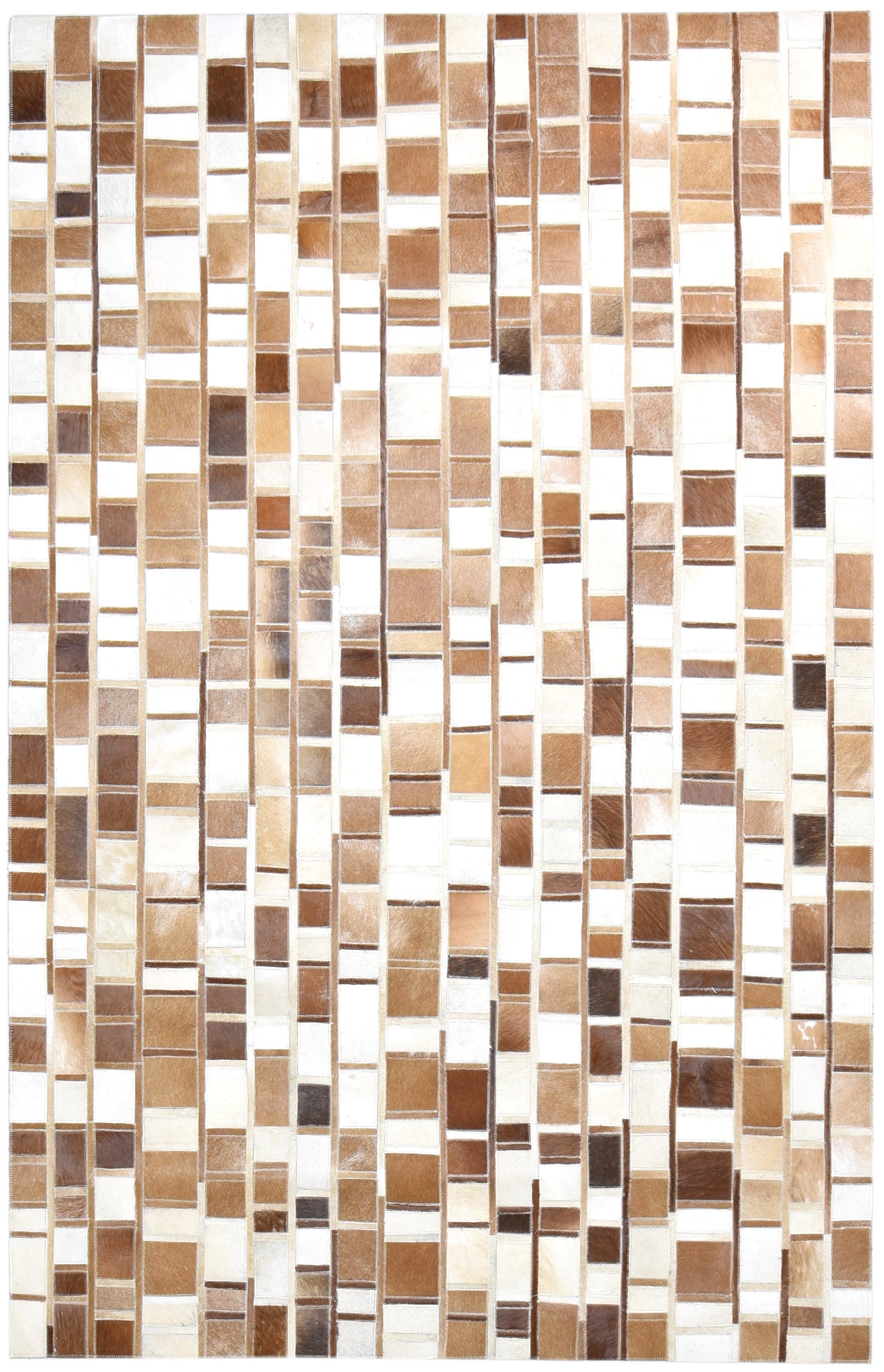 Terrie Mosaic Brown Ivory Leather Striped Rug | Modern Geometric Patchwork Cowhide Rug 9062090375317
