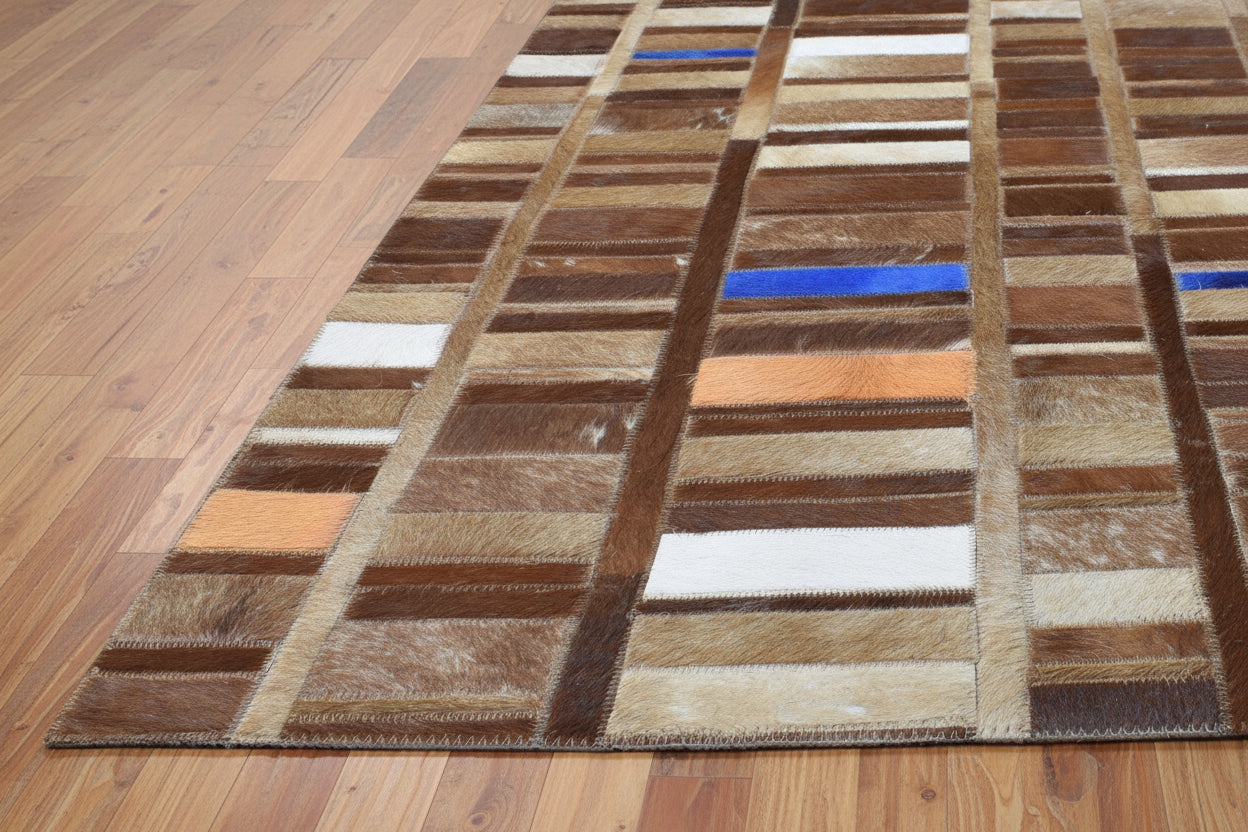 Terrie Mosaic Brown Multi Leather Striped Rug | Modern Geometric Patchwork Cowhide Rug 7865128386709