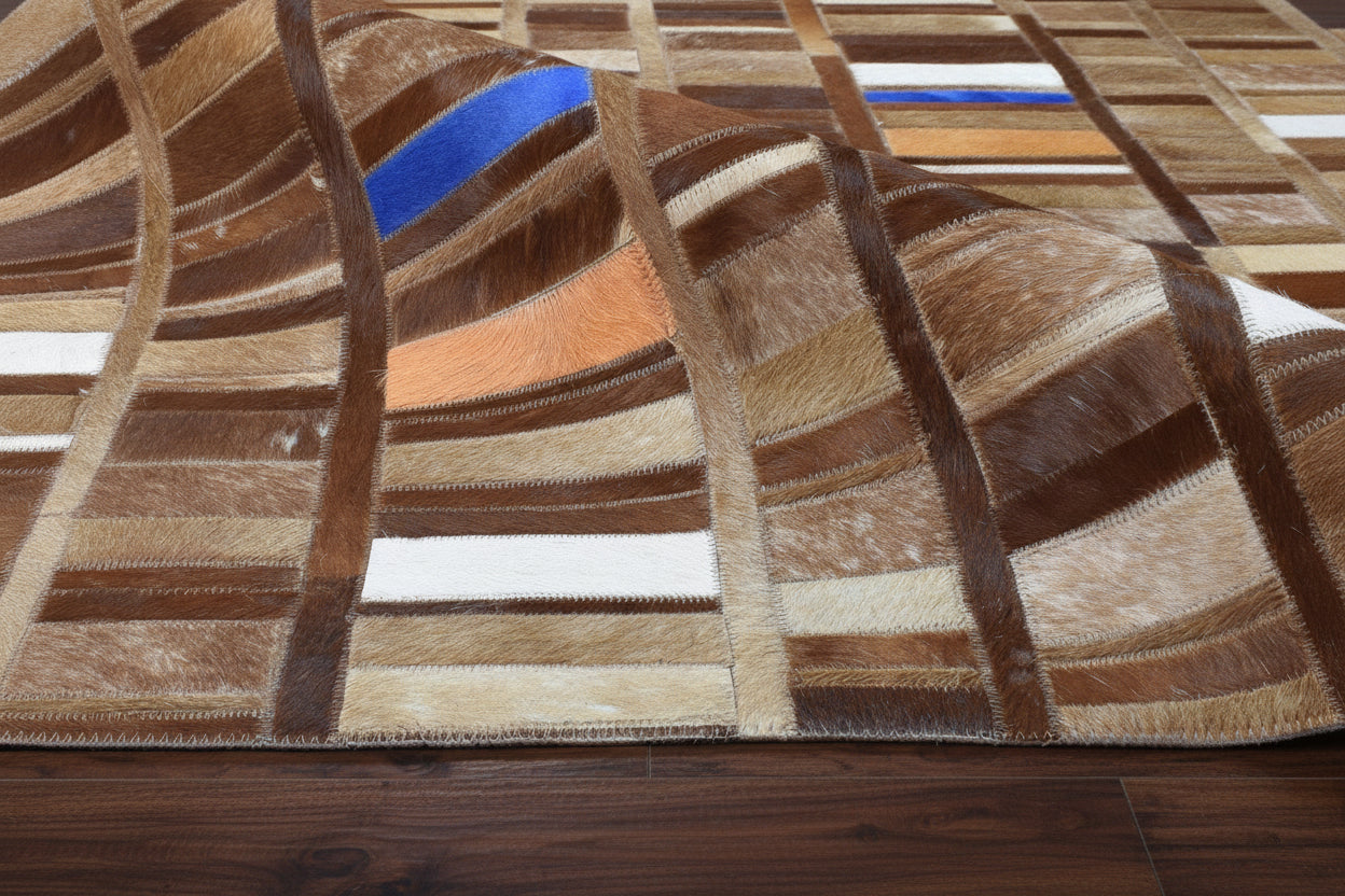 Terrie Mosaic Brown Multi Leather Striped Rug | Modern Geometric Patchwork Cowhide Rug 7865128386709