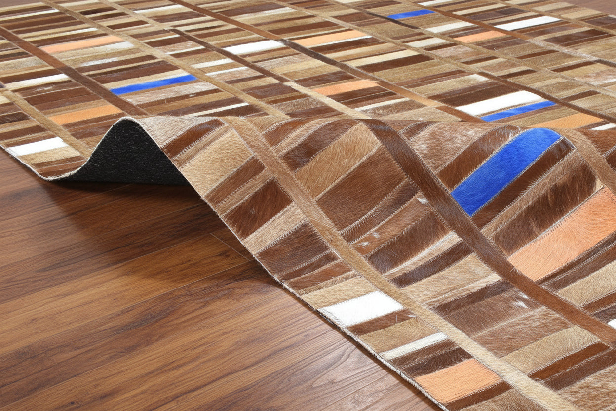 Terrie Mosaic Brown Multi Leather Striped Rug | Modern Geometric Patchwork Cowhide Rug 7865128386709