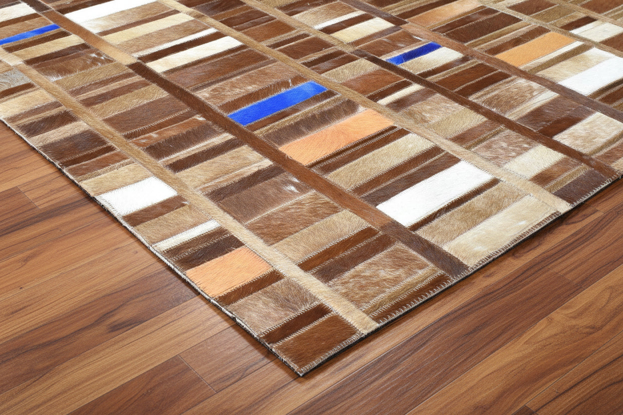 Terrie Mosaic Brown Multi Leather Striped Rug | Modern Geometric Patchwork Cowhide Rug 7865128386709