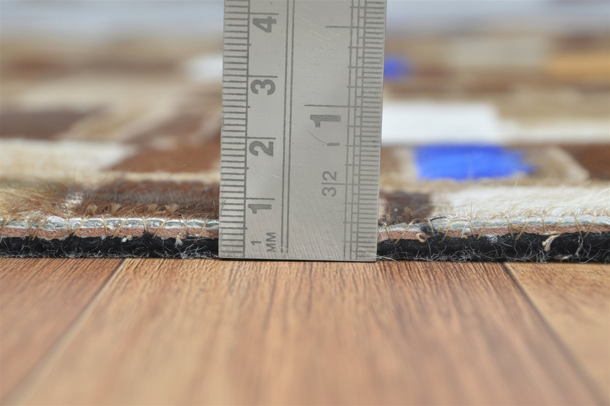 Terrie Mosaic Brown Multi Leather Striped Rug | Modern Geometric Patchwork Cowhide Rug 7865128386709