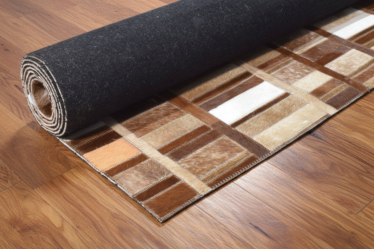 Terrie Mosaic Brown Multi Leather Striped Rug | Modern Geometric Patchwork Cowhide Rug 7865128386709