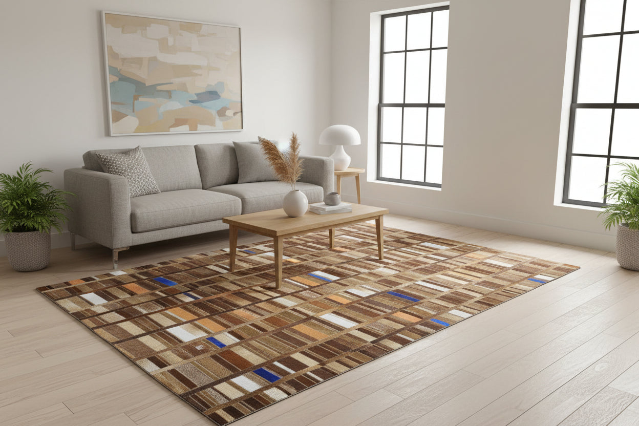 Terrie Mosaic Brown Multi Leather Striped Rug | Modern Geometric Patchwork Cowhide Rug 7865128386709