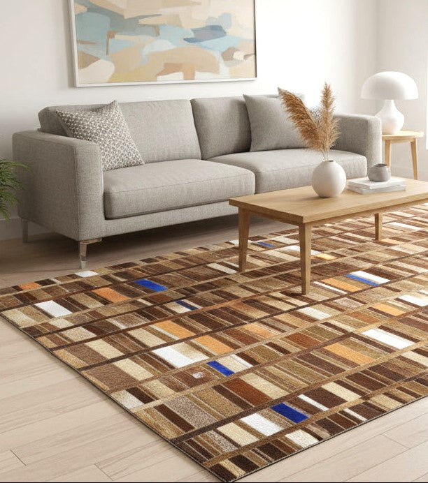 Terrie Mosaic Brown Multi Leather Striped Rug | Modern Geometric Patchwork Cowhide Rug 7865128386709
