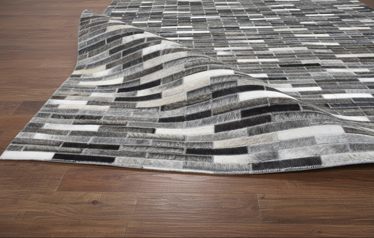 Tova Handmade Leather Charcoal Rug - Modern Patchwork Striped Area Rug 9065101820053