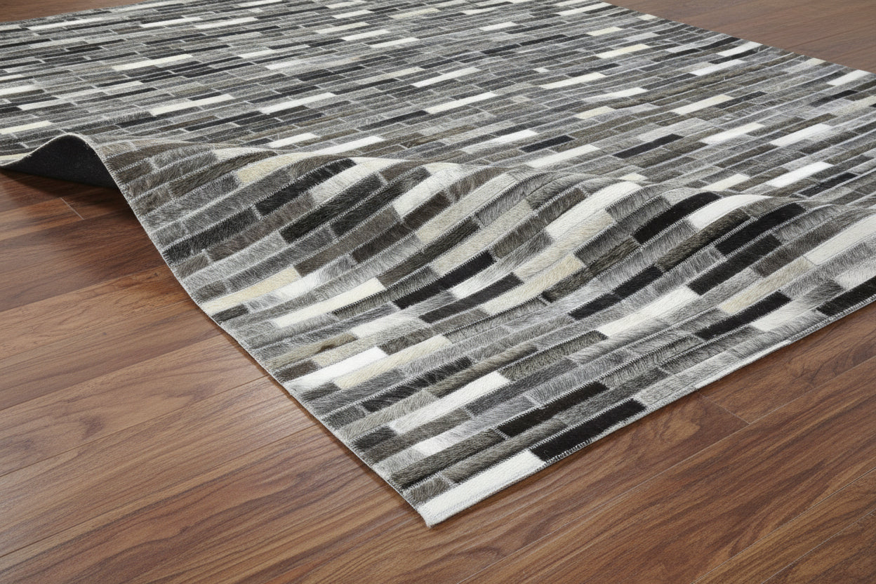 Tova Handmade Leather Charcoal Rug - Modern Patchwork Striped Area Rug 9065101820053