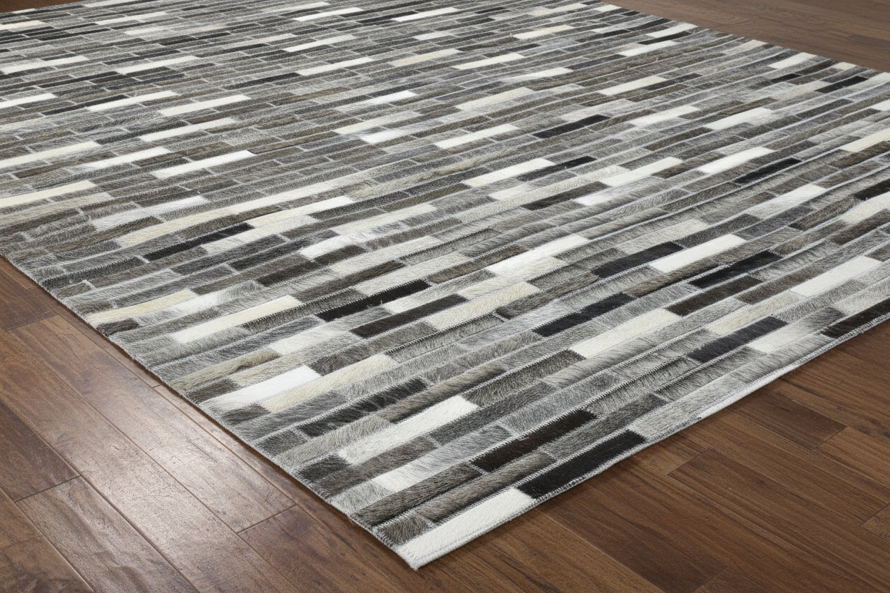 Tova Handmade Leather Charcoal Rug - Modern Patchwork Striped Area Rug 9065101820053