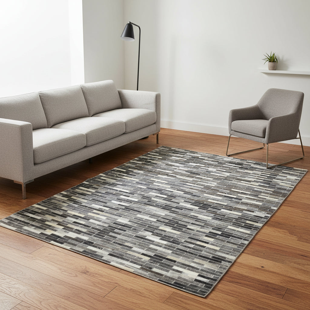 Tova Handmade Leather Charcoal Rug - Modern Patchwork Striped Area Rug 9065101820053