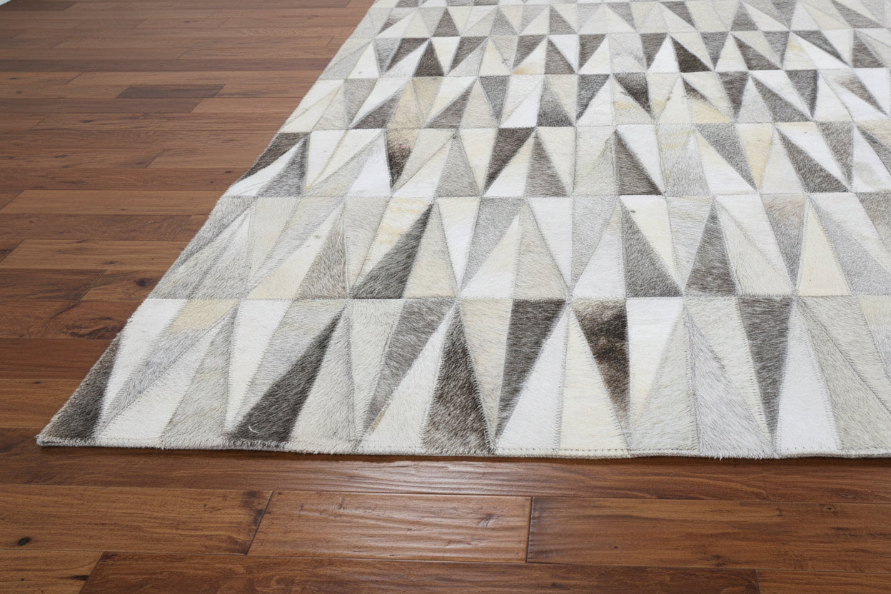 Triangle Mosaic Handmade Leather Gray Rug - Modern Stitched Geometric Cowhide Rug 9064006090901