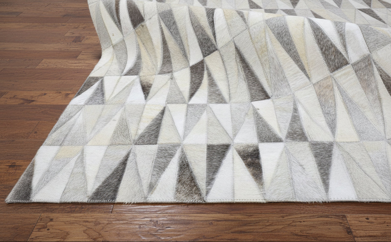 Triangle Mosaic Handmade Leather Gray Rug - Modern Stitched Geometric Cowhide Rug 9064006090901