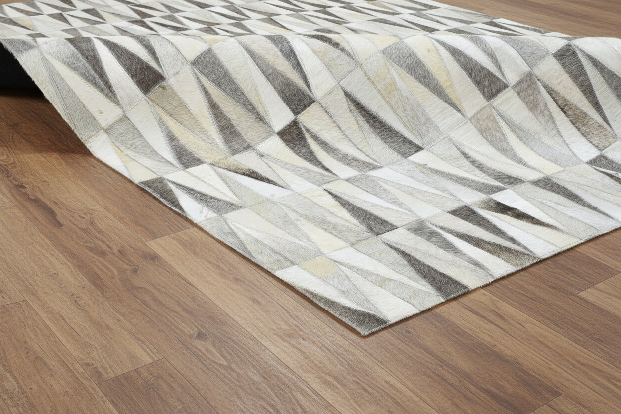 Triangle Mosaic Handmade Leather Gray Rug - Modern Stitched Geometric Cowhide Rug 9064006090901