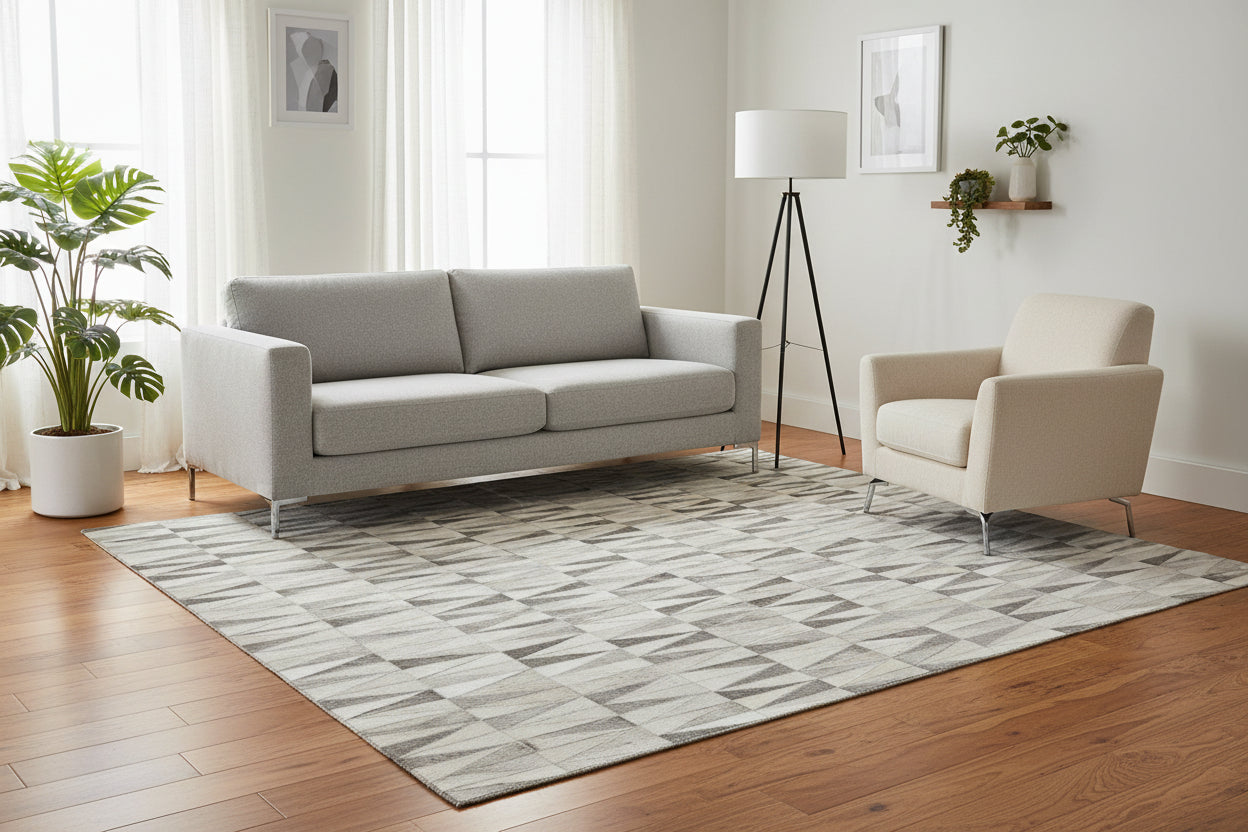 Triangle Mosaic Handmade Leather Gray Rug - Modern Stitched Geometric Cowhide Rug 9064006090901