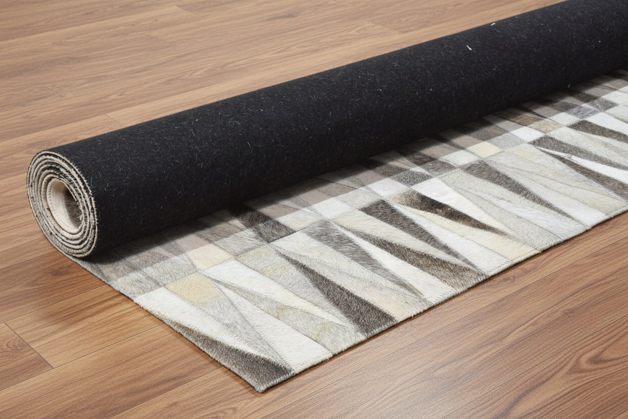 Triangle Mosaic Handmade Leather Gray Rug - Modern Stitched Geometric Cowhide Rug 9064006090901