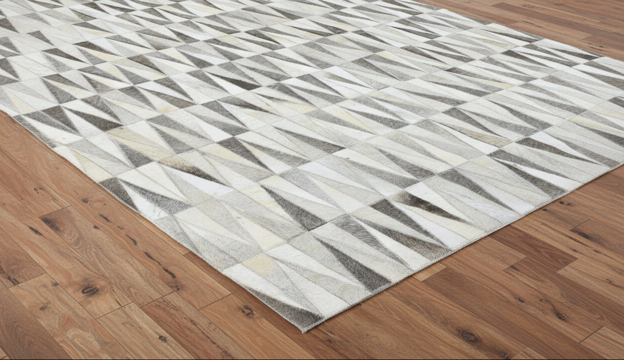 Triangle Mosaic Handmade Leather Gray Rug - Modern Stitched Geometric Cowhide Rug 9064006090901