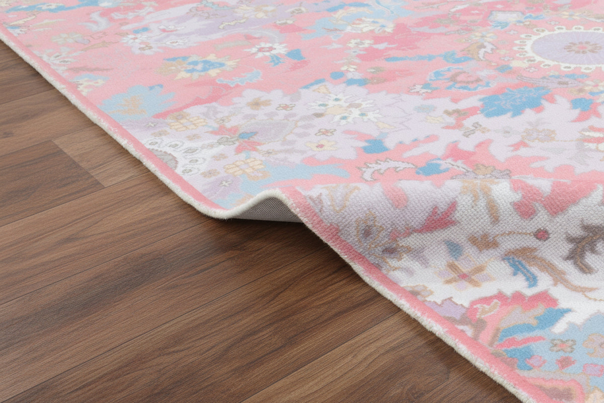 Valentina Handmade Blush Pink Medallion Area Rug – Transitional Artisanal Oushak Style