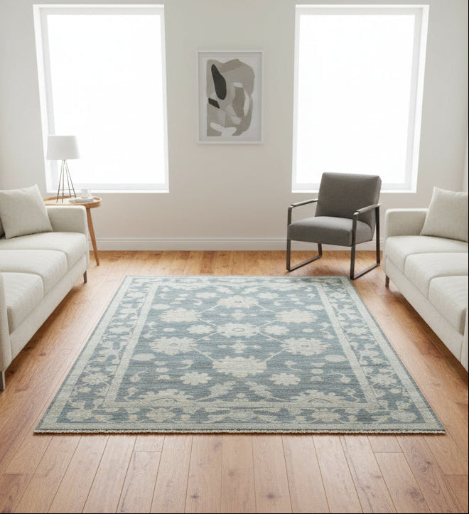 Velaris Luxurious Hand-Knotted Blue Vintage Persian-Style Rug – Oushak Area Rug 9194709123221