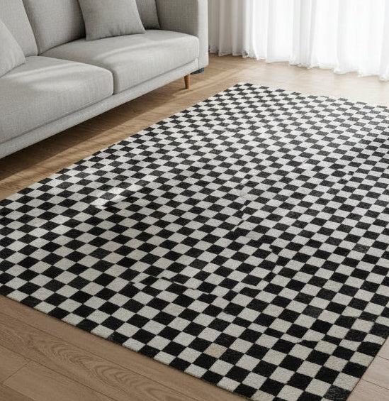 Veradis Handmade Leather Black Checkerboard Rug | Patchwork Checkered Blocks Cowhide Area Rug 7864432787605