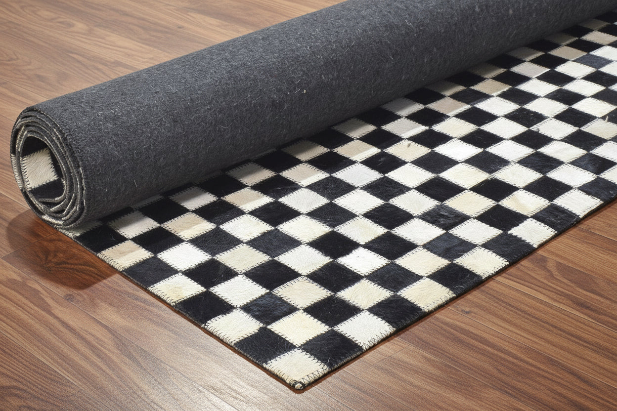 Veradis Handmade Leather Black Checkerboard Rug | Patchwork Checkered Blocks Cowhide Area Rug 7864432787605