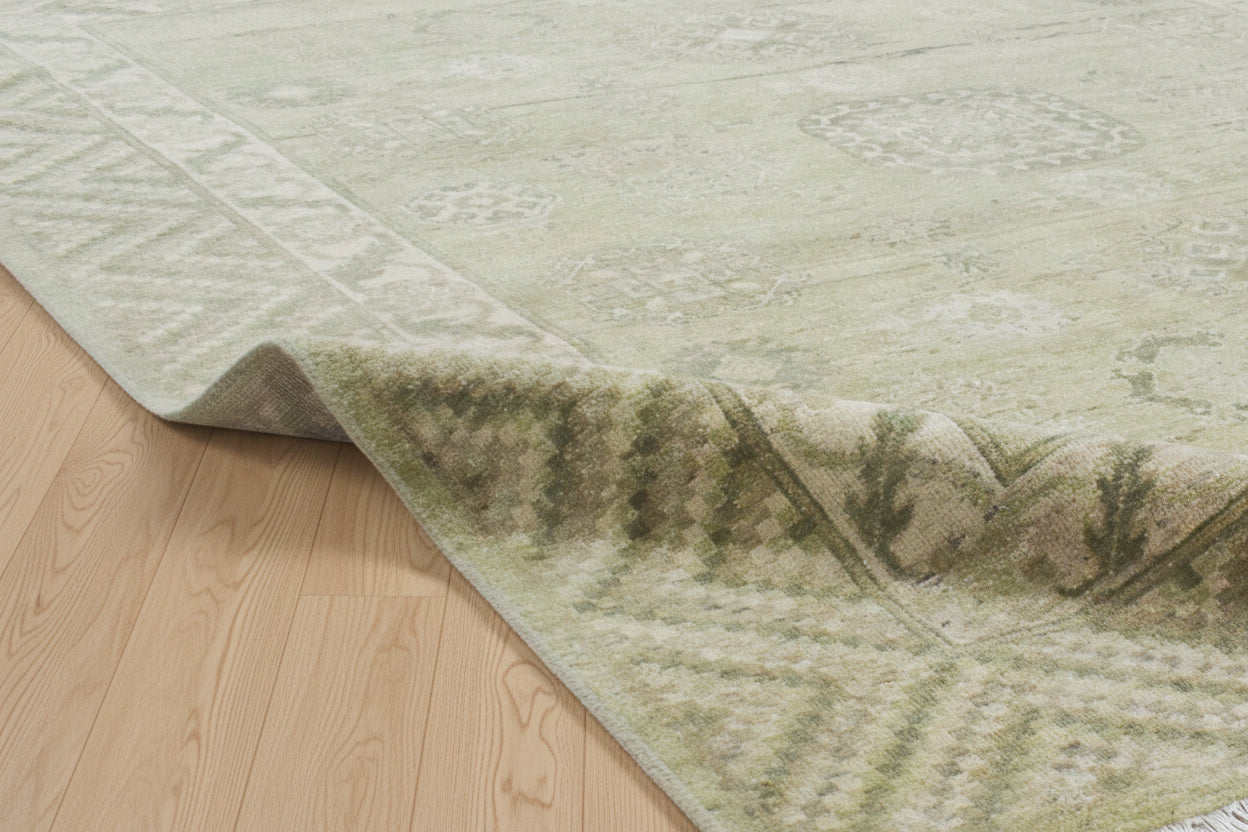 Verdant Hand-Knotted Pesian Khotan Rug – Sage Green Oriental Afgan Wool Area Rug 9203350503573