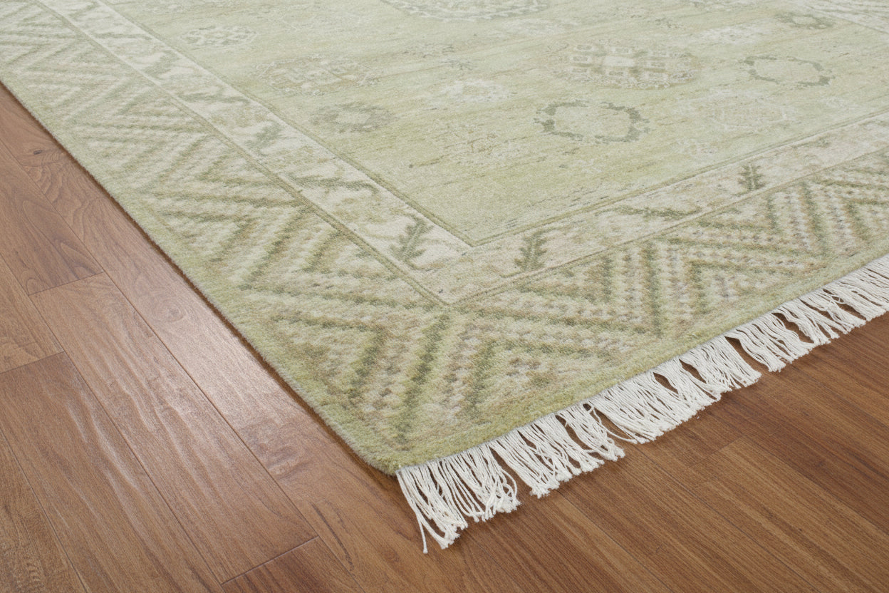 Verdant Hand-Knotted Pesian Khotan Rug – Sage Green Oriental Afgan Wool Area Rug 9203350503573