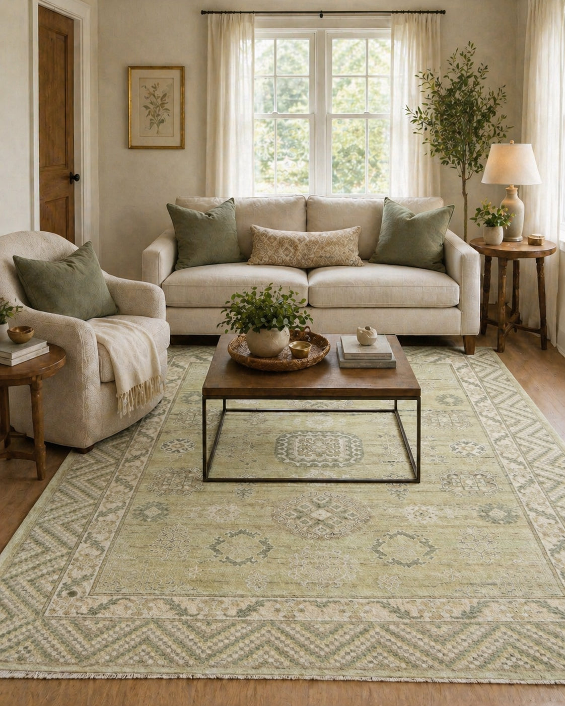 Verdant Hand-Knotted Pesian Khotan Rug – Sage Green Oriental Afgan Wool Area Rug 9203350503573