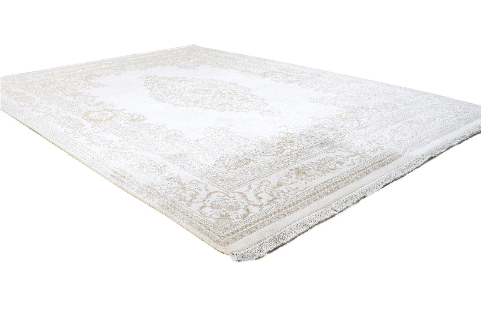 White Wool / Silk Rug 6X8 Persian Hand Knotted Mughal Medallion Room Size Carpet 7864898453653