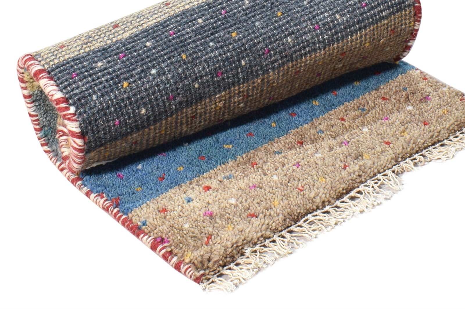 Wool Beige Rug 1' X 2' Southwestern Hand Knotted Gabbeh Striped Small Carpet 7865057902741