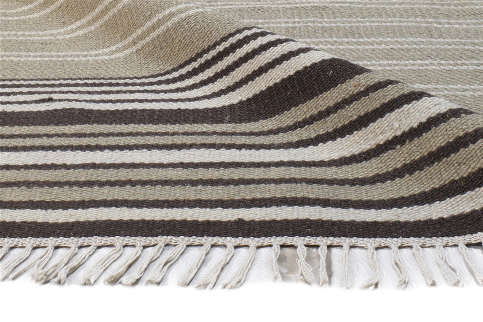 Wool Beige Rug 5' X 8' Modern Dhurrie Scandinavian Striped Room Size Carpet 7865143230613
