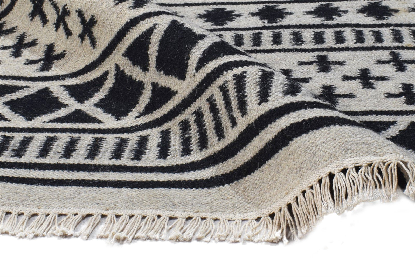 Wool Black Rug 4' X 6' Modern Dhurrie Scandinavian Tribal Room Size Carpet 7864987418773