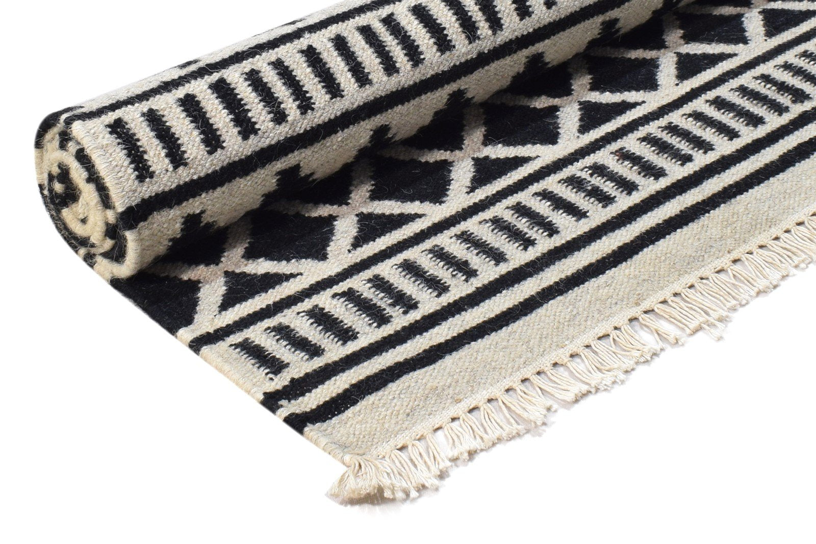 Wool Black Rug 4' X 6' Modern Dhurrie Scandinavian Tribal Room Size Carpet 7864987418773