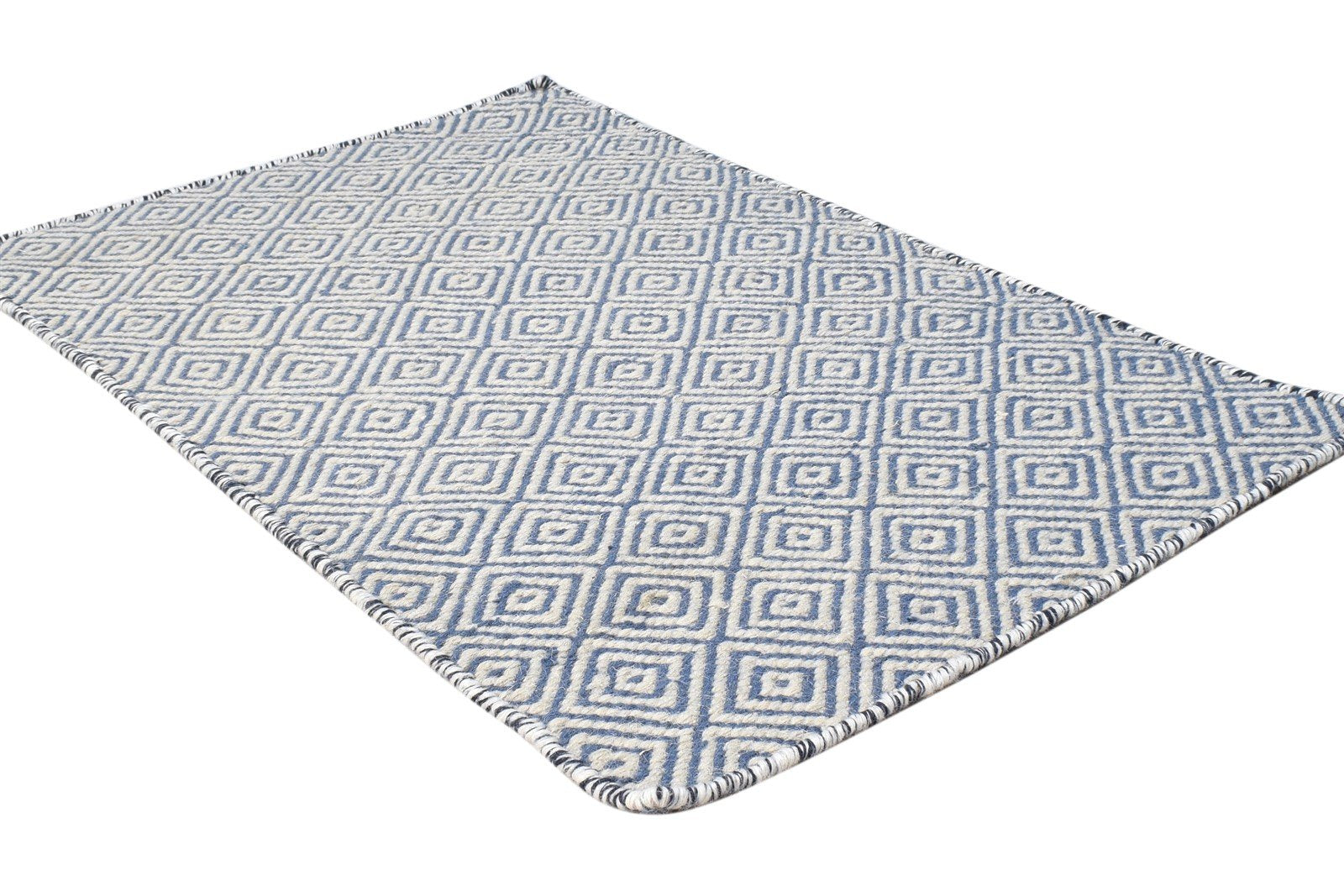 Wool Blue Rug 2' X 3' Modern Dhurrie Scandinavian Diamond Small Carpet 7865014976661