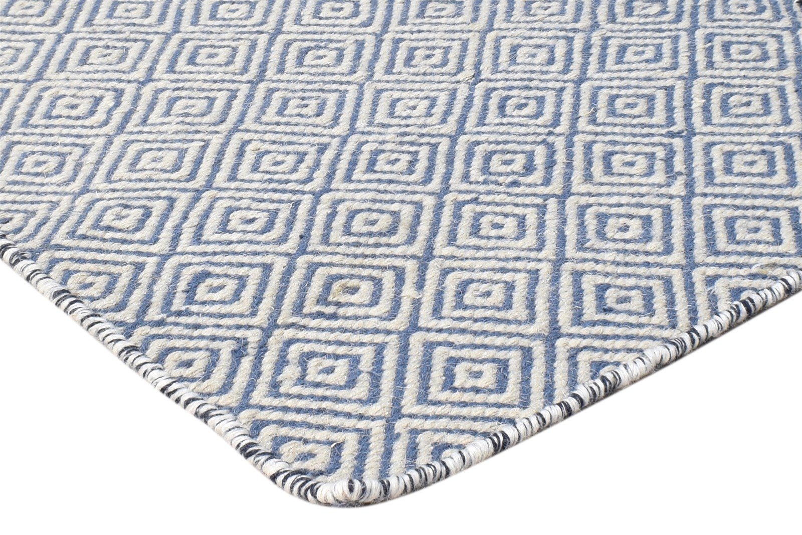 Wool Blue Rug 2' X 3' Modern Dhurrie Scandinavian Diamond Small Carpet 7865014976661
