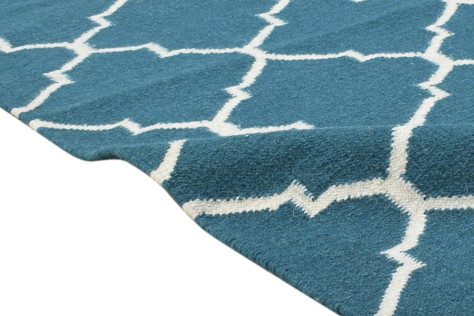 Wool Blue Rug 3' X 5' Modern Dhurrie Moroccan Trellis Room Size Carpet 7864493834389