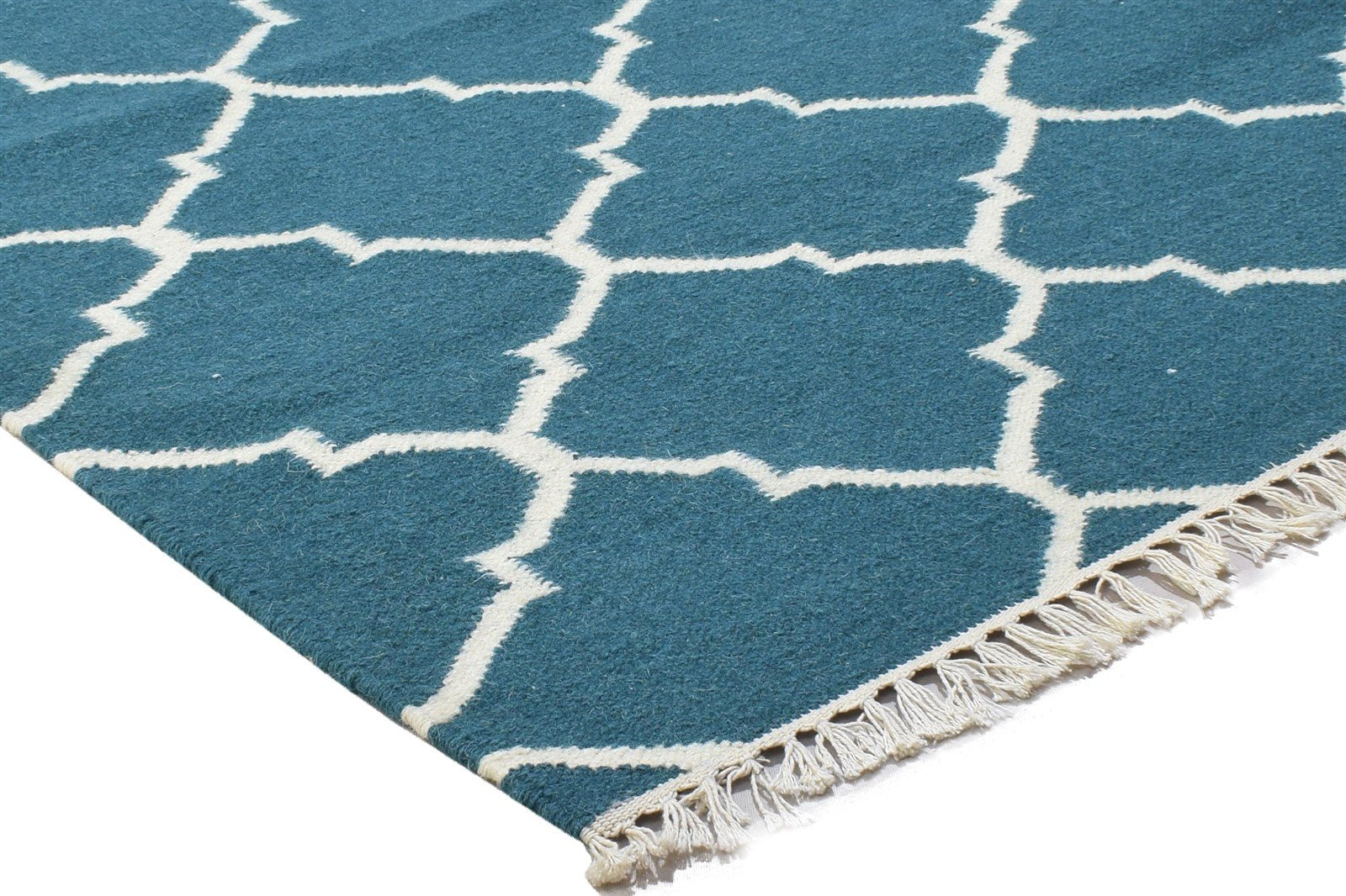 Wool Blue Rug 3' X 5' Modern Dhurrie Moroccan Trellis Room Size Carpet 7864493834389