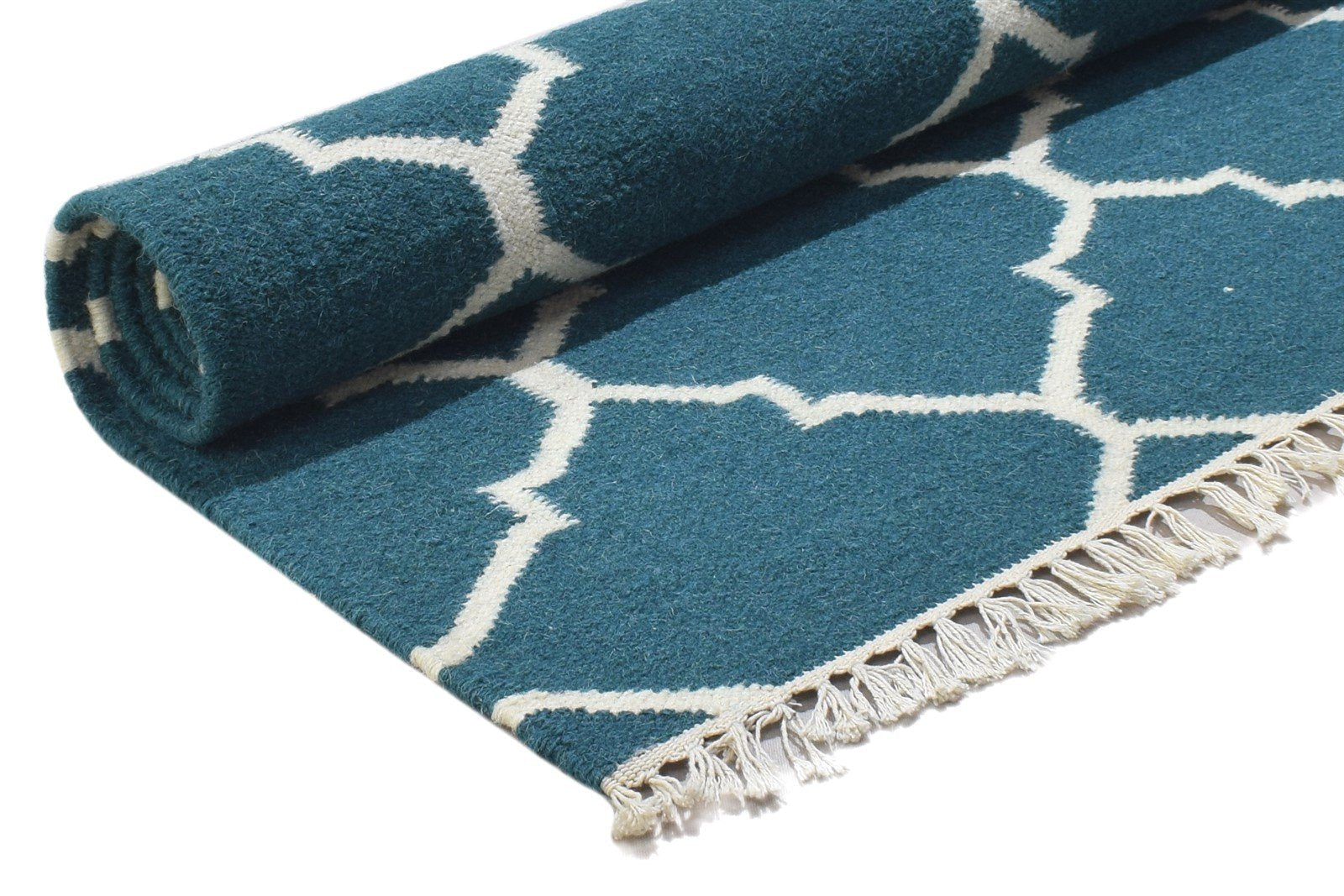 Wool Blue Rug 3' X 5' Modern Dhurrie Moroccan Trellis Room Size Carpet 7864493834389
