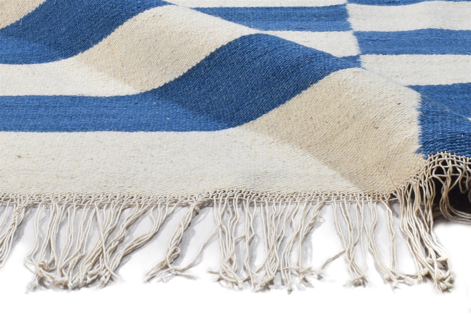 Wool Blue Rug 3' X 5' Modern Dhurrie Scandinavian Striped Small Carpet 7864672813205