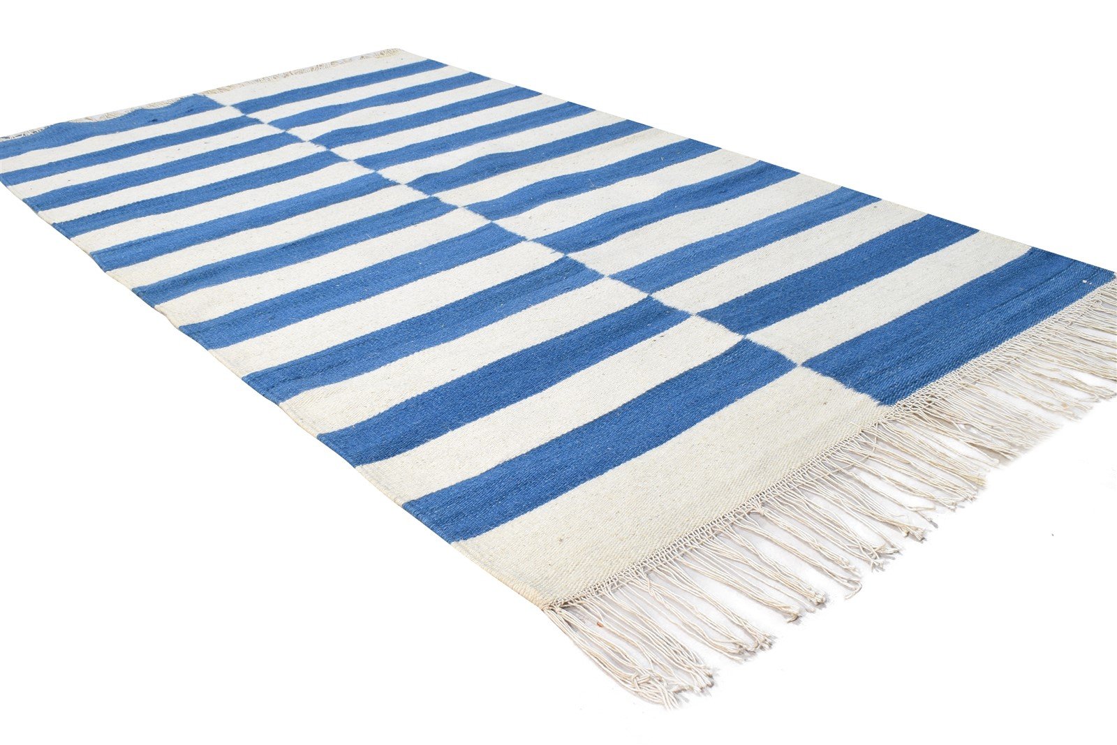 Wool Blue Rug 3' X 5' Modern Dhurrie Scandinavian Striped Small Carpet 7864672813205