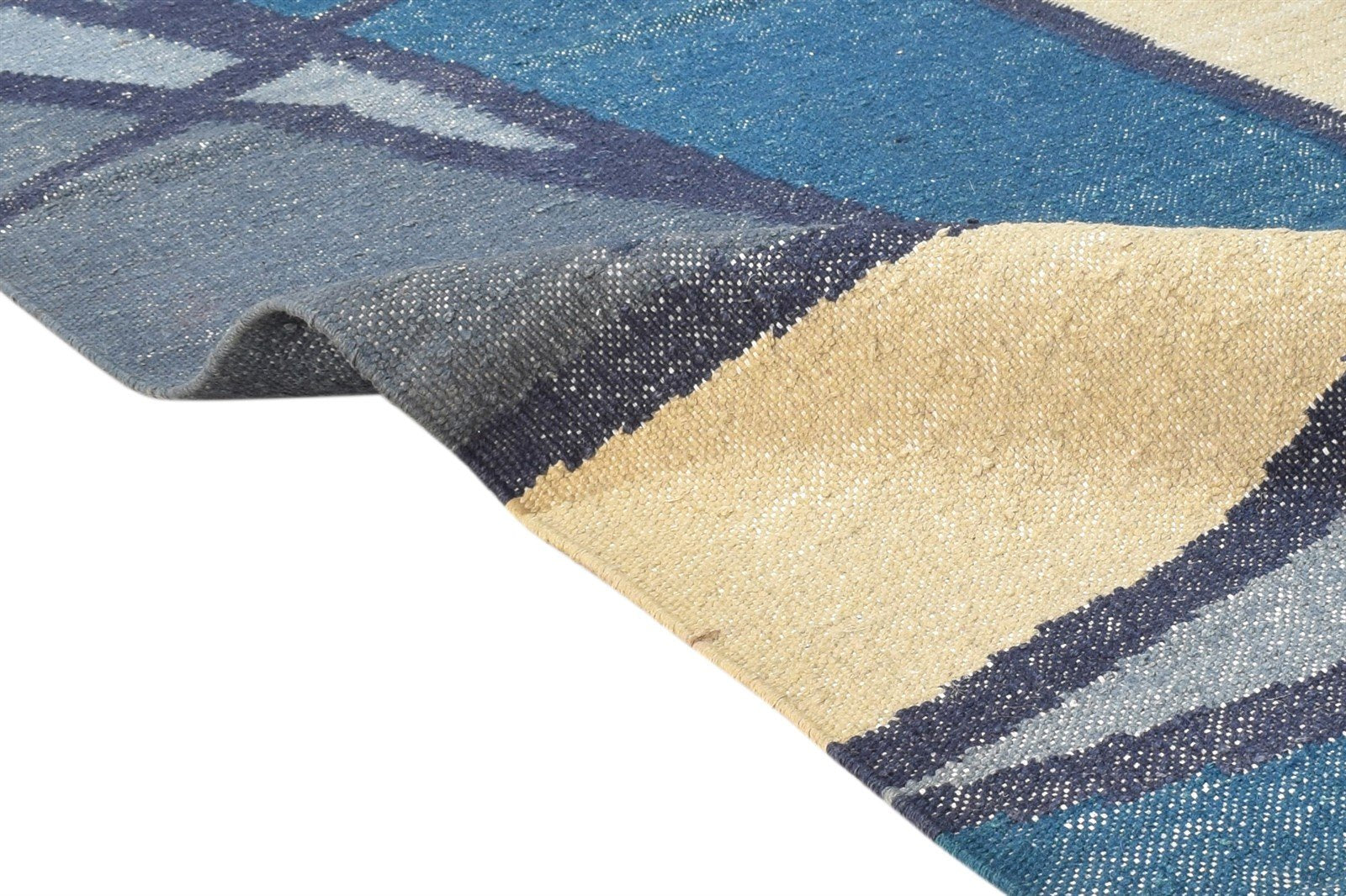 Wool Blue Rug 3' X 7' Modern Dhurrie American Abstract Small Runner 7864670716053