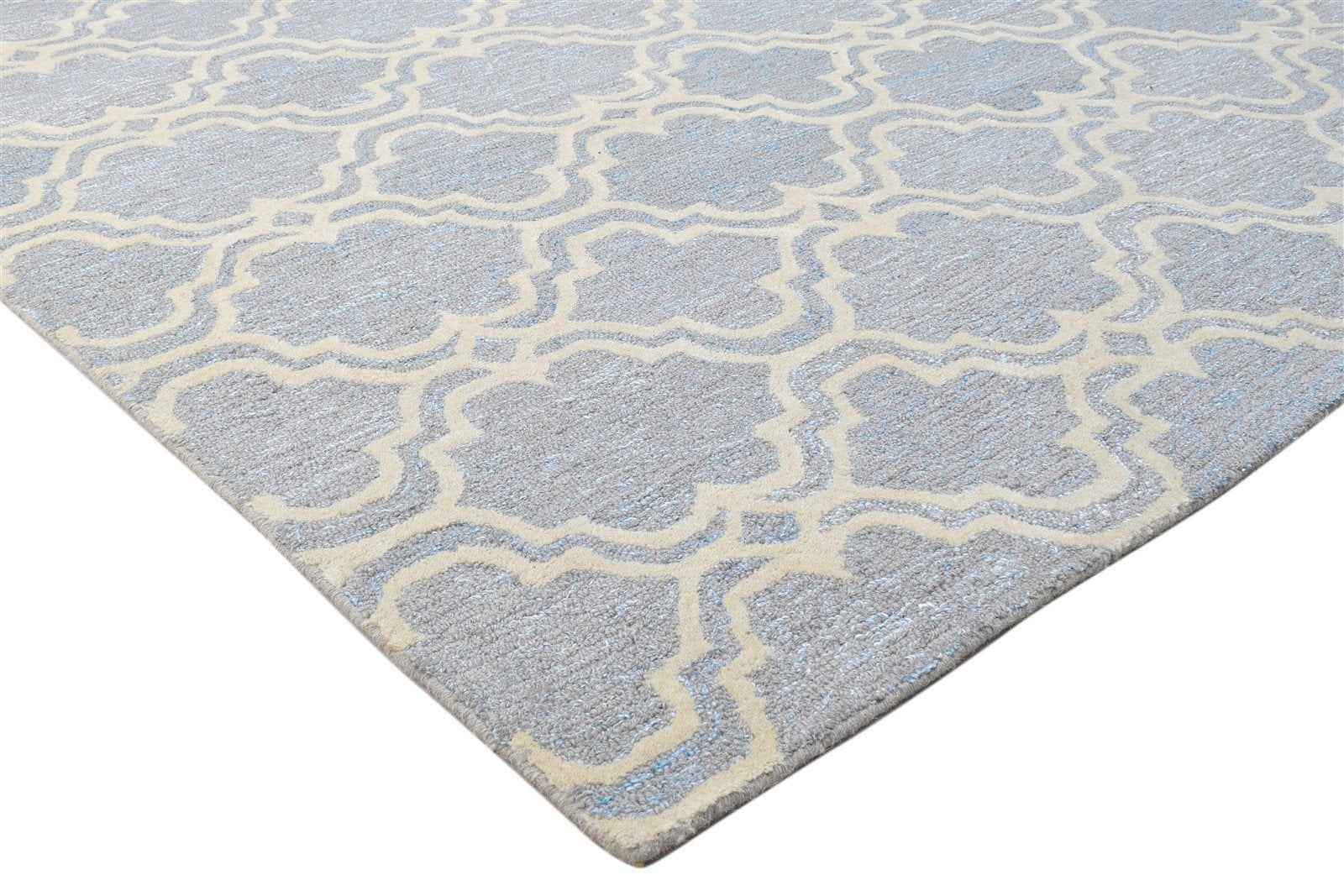 Wool Blue Rug 8' X 10' Modern Hand Tufted Moroccan Scroll Tile Large Carpet 7864117100693