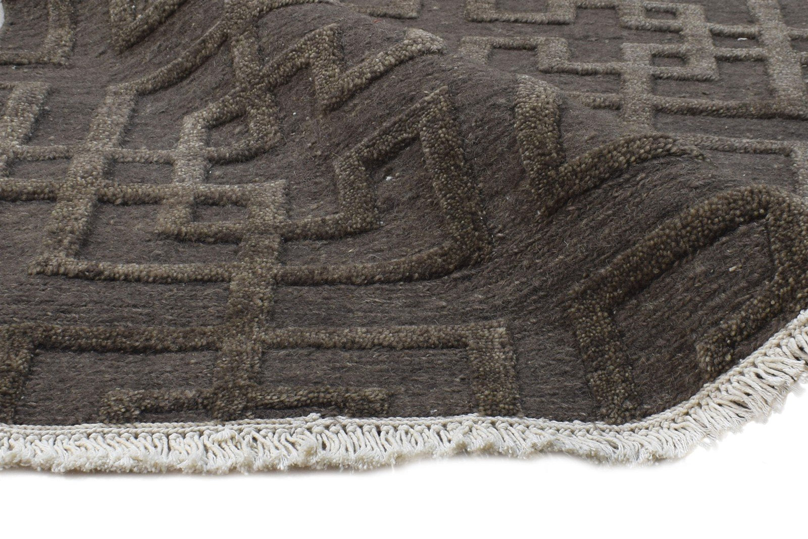 Wool Brown Rug 5X8 Modern Hand Knotted Scandinavian Geometric Room Size Carpet 7865106890901