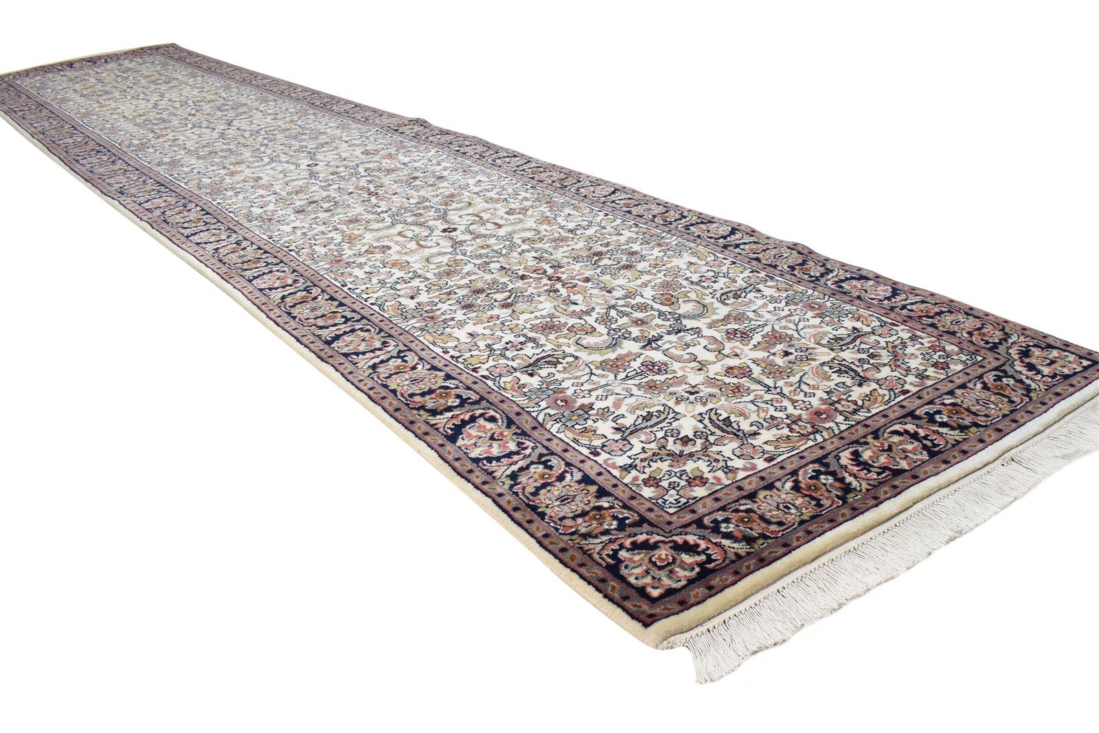 Wool Cream Rug 3' X 13' Persian Hand Knotted Kashan Oriental Small Runner 7864680251541