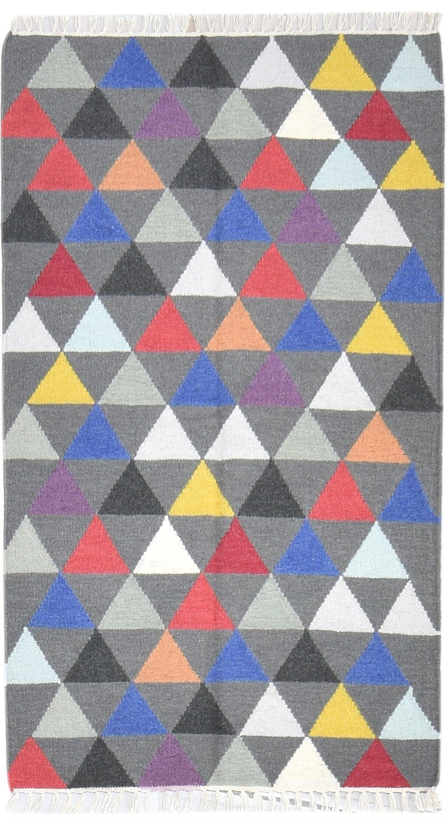 Wool Dark Grey Rug 3' X 5' Modern Dhurrie Bohemian Triangles Small Carpet 7864392122517