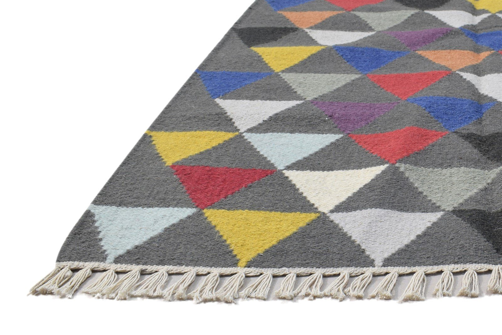 Wool Dark Grey Rug 3' X 5' Modern Dhurrie Bohemian Triangles Small Carpet 7864392122517