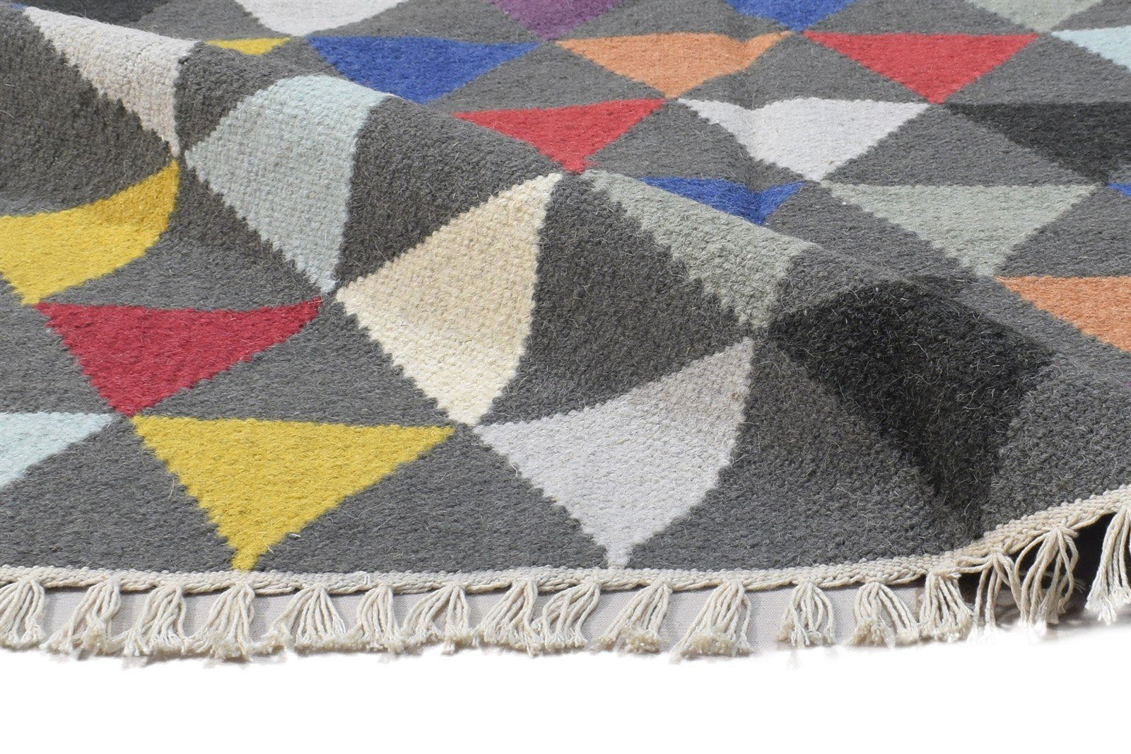 Wool Dark Grey Rug 3' X 5' Modern Dhurrie Bohemian Triangles Small Carpet 7864392122517