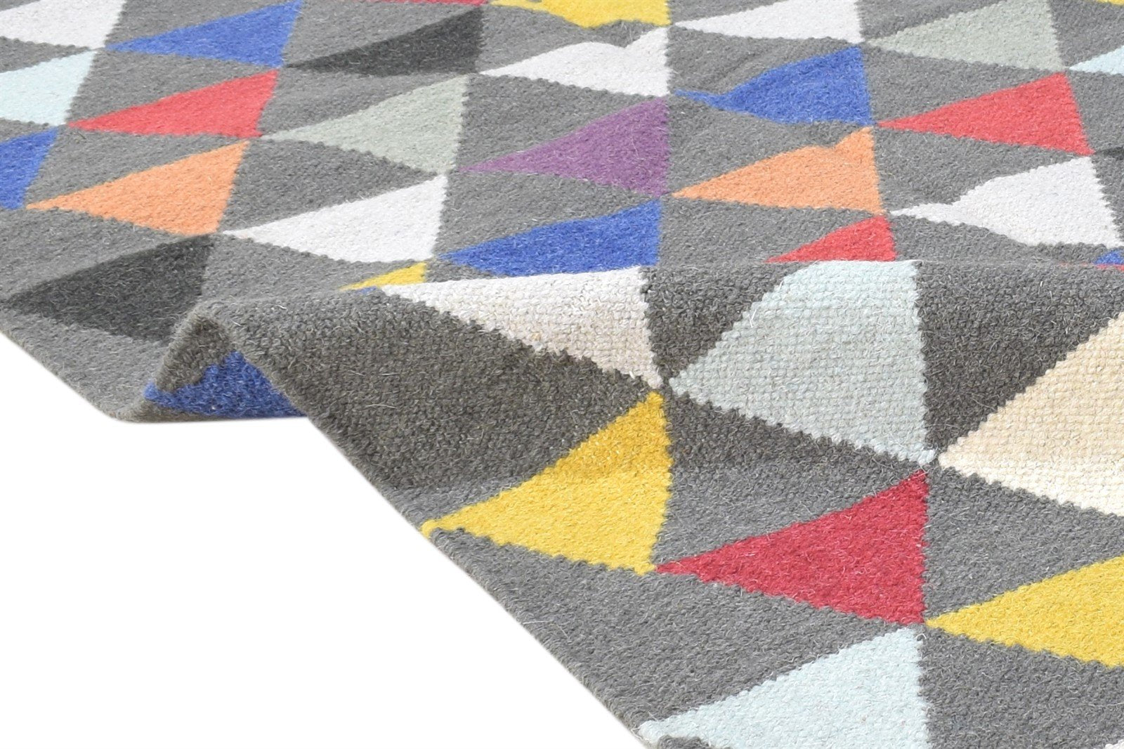 Wool Dark Grey Rug 3' X 5' Modern Dhurrie Bohemian Triangles Small Carpet 7864392122517