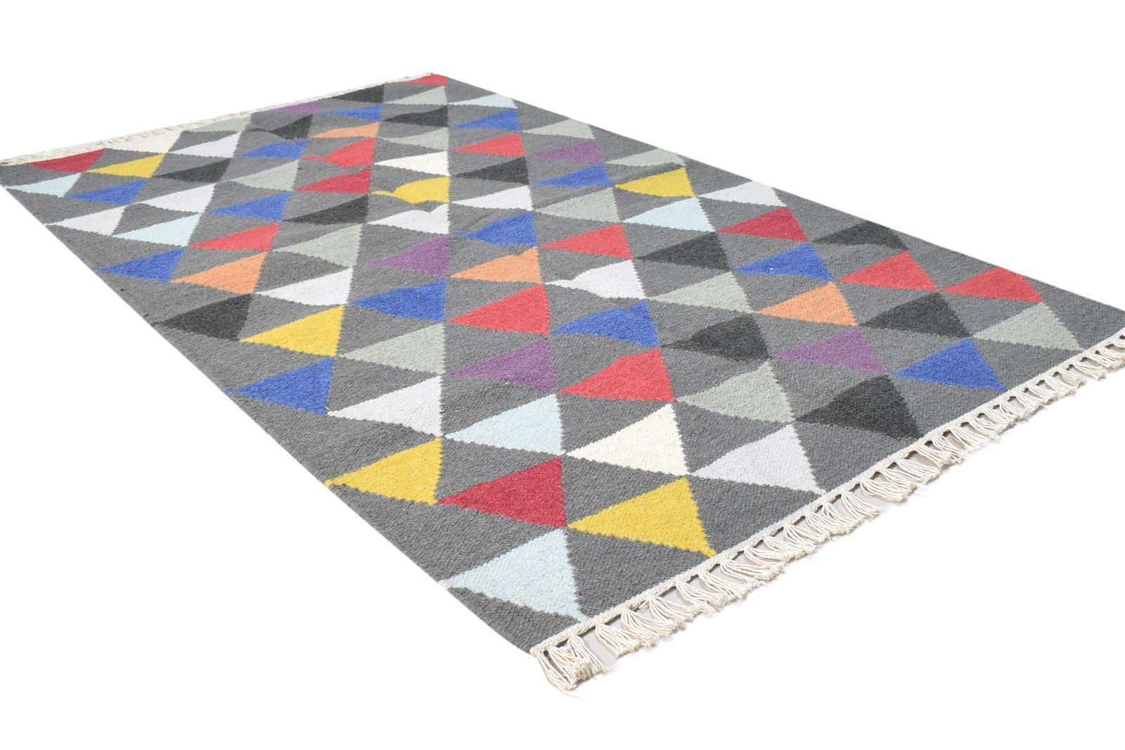 Wool Dark Grey Rug 3' X 5' Modern Dhurrie Bohemian Triangles Small Carpet 7864392122517